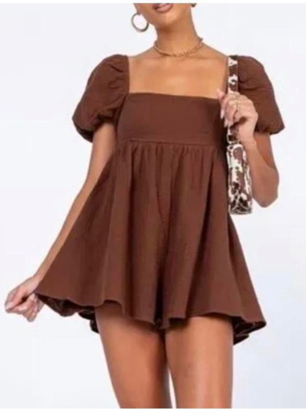 Princess Polly Brown Cotton Gauze Babydoll Romper Puff Sleeve Cottagecore